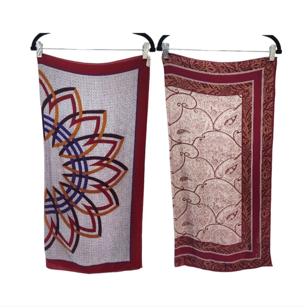 ANNE KLEIN Vintage Bundle of (2) 100% Silk Red Classic Square Scarves